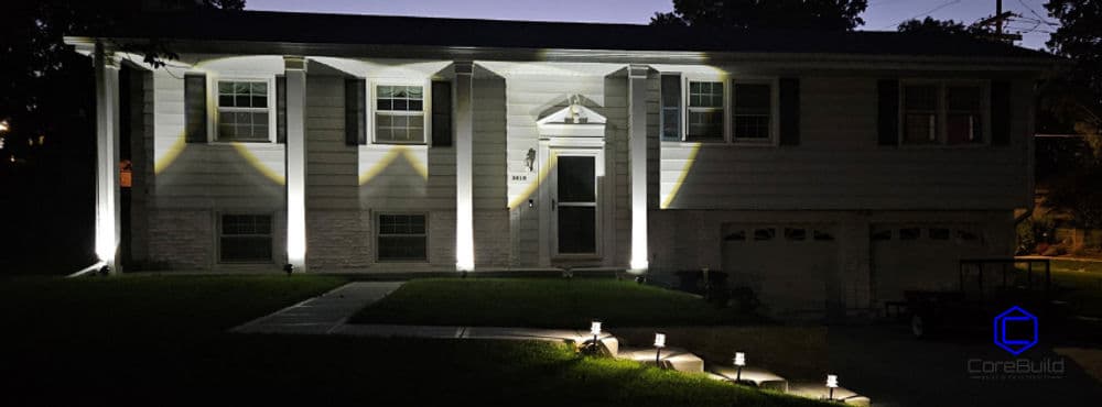 Custom build pillars displayed on front porch with beautiful lighting. 
